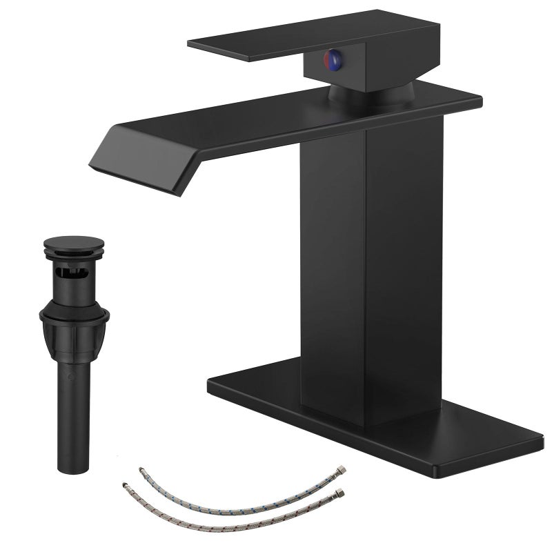 BATHLAVISH Matte Black Bathroom Faucet Waterfall Single Hole with Pop Up Drain with Overflow Matt Modern Single Handle Vanity Lavatory Sink 1 or 3 Hole Deck Mount - Image 1